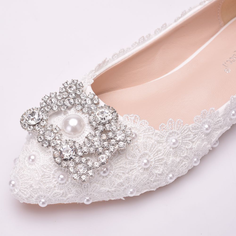 Women's Wedding Shoes Decorative Lace Pearl Wedding Flat Heels Bridal Shoes, H91