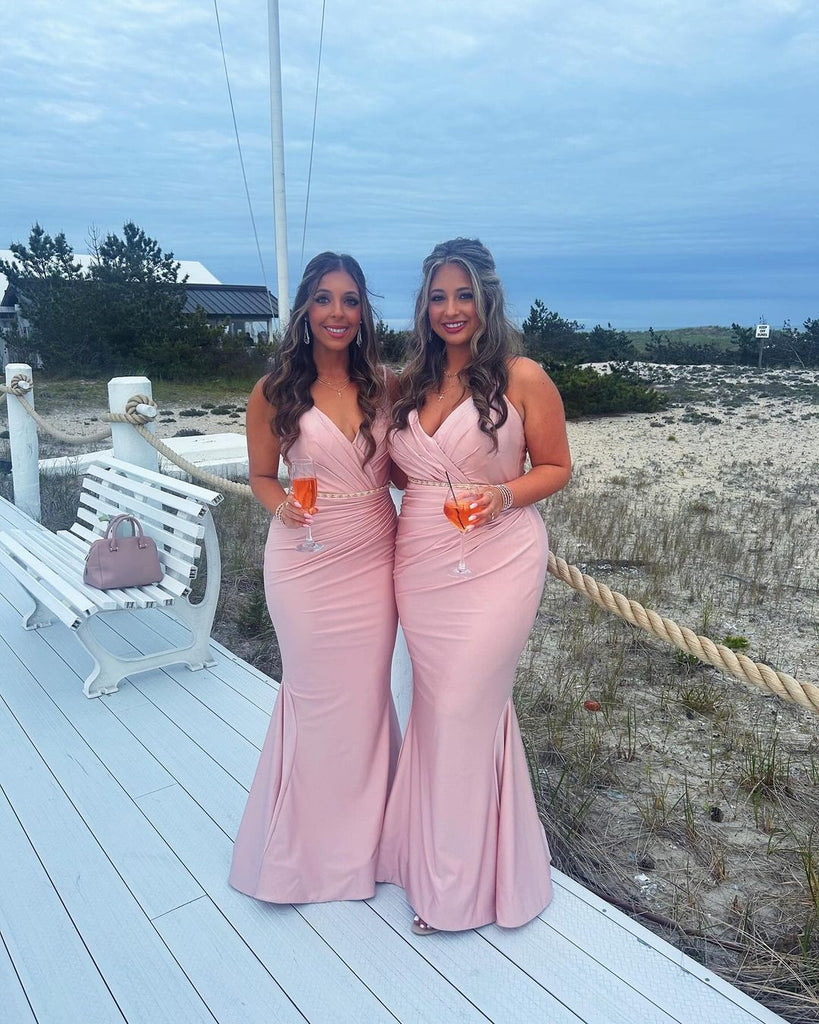 Sexy Mermaid Pink V-neck Mermaid Maxi Long Bridesmaid Dresses,WG1647