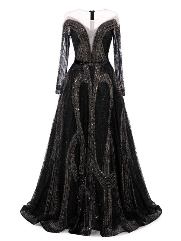 Gorgeous Black A-line Long Sleeves Maxi Long Party Prom Dresses,Evening Dress,13310