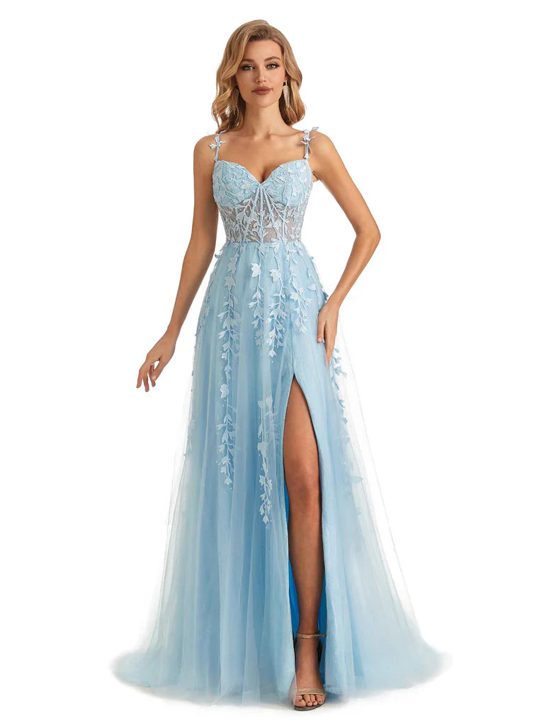 Blue A-line Spaghetti Straps V-neck High Slit Cheap Long Prom Dresses,12672