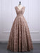Brown Lace V Neckline A line Long Evening Prom Dresses, Popular Cheap Long Party Prom Dresses, 17243
