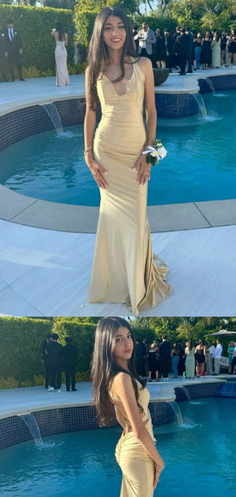 Sexy Champagne Mermaid Halter Cheap Long Prom Dresses,12849