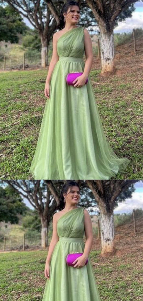 Elegant Green A-line One Shoulder Maxi Long Party Prom Dresses,Evening Dress,13293