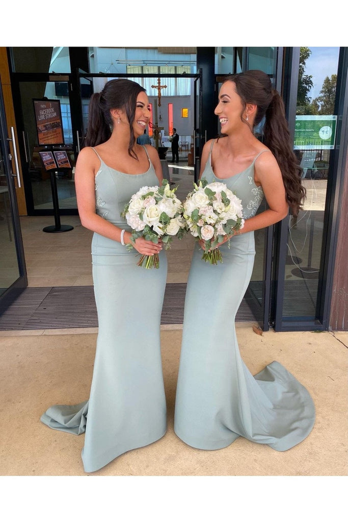 Elegant Green Mermaid Spaghetti Straps Maxi Long Wedding Guest Bridesmaid Dresses,WG1530