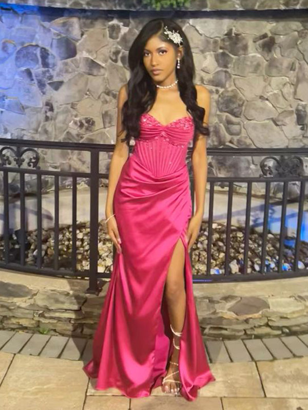 Pretty Hot Pink Mermaid Side Slit Long Party Prom Dresses To Impress,Evening Dress,13411