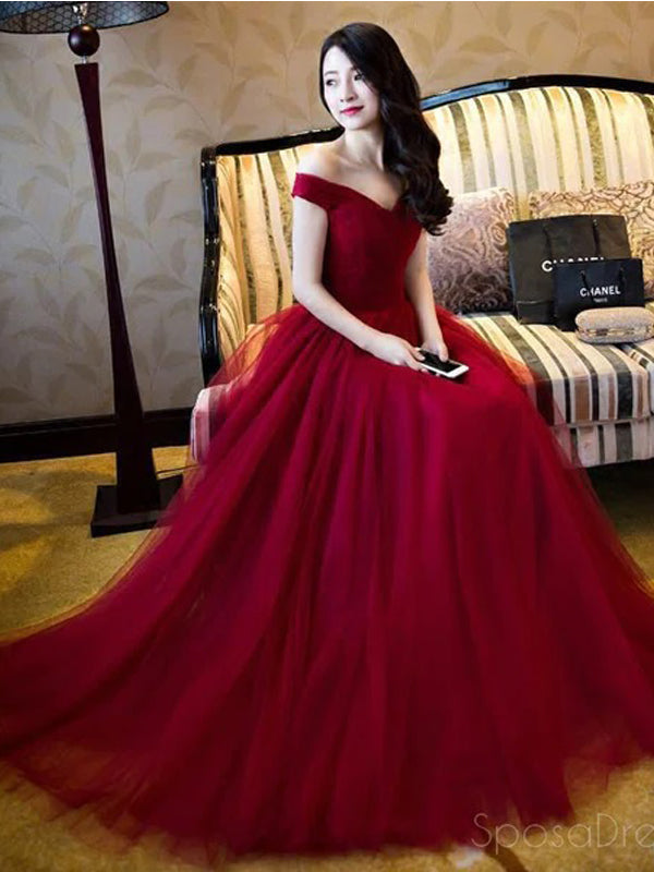 Off Shoulder Red A line Evening Prom Dresses, Long Tulle Party Prom Dress, Custom Long Prom Dresses, Cheap Formal Prom Dresses, 17069