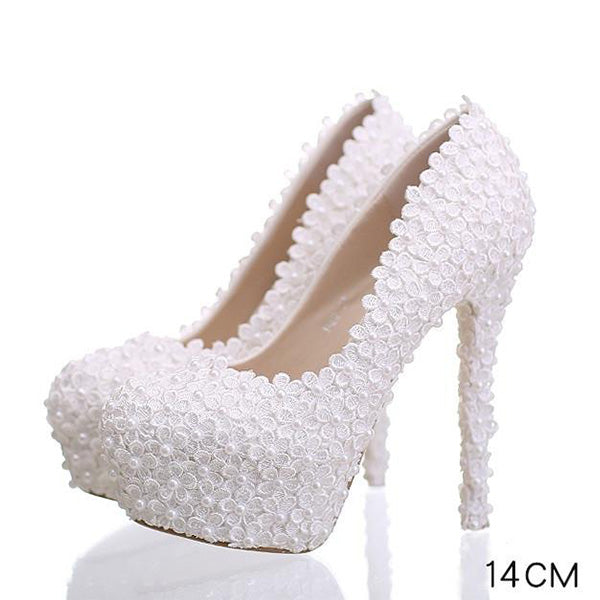 Pearls Lace Pointed Toe White High Heels Wedding Bridal Shoes, S016