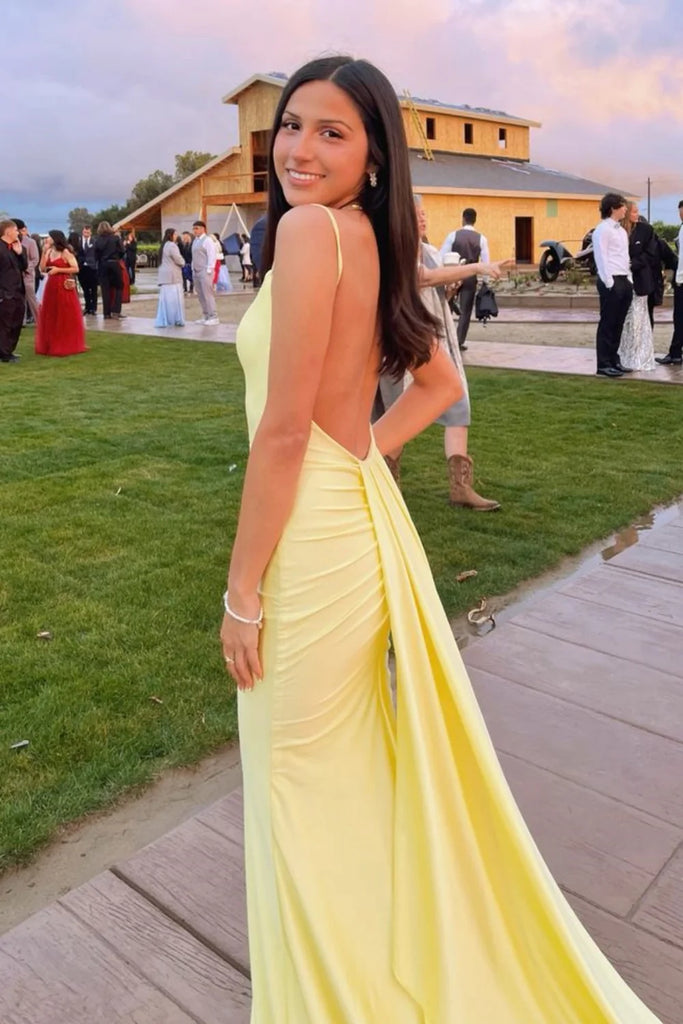 Pretty Yellow Mermaid Backless Long Party Prom Dresses To Impress,Evening Dress,13523