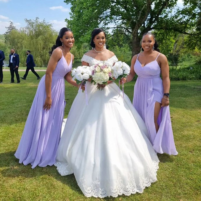 Purple A-line Spaghetti Straps Side Slit Maxi Long Wedding Guest Bridesmaid Dresses,WG1532
