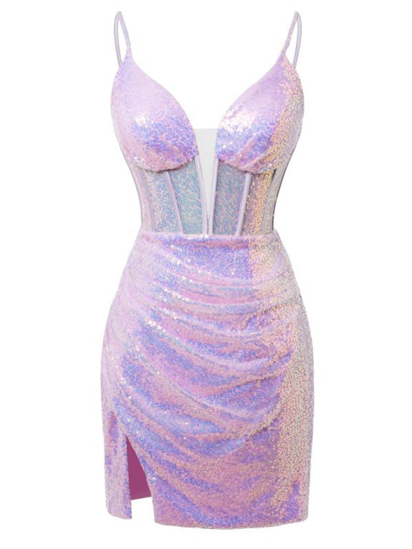 Sparkly Purple Sheath Spaghetti Straps Mini Short Prom Homecoming Dresses Online,CM1004