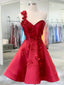 Red A-line Floral One Shoulder Short Prom Homecoming Dresses,CM960