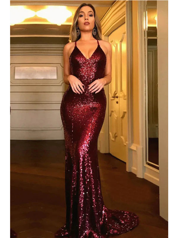 Sexy Backless Dark Red Sequin Mermaid Evening Prom Dresses, Popular Party Prom Dresses, Custom Long Prom Dresses, Cheap Formal Prom Dresses, 17209
