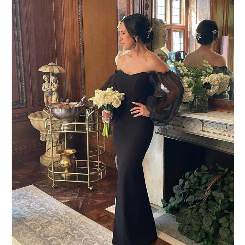 Sexy Black Mermaid Off Shoulder Long Sleeves Wedding Guest Bridesmaid Dresses,WG1529