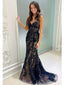 Sexy Black Mermaid Spaghetti Straps Maxi Long Lace Party Prom Dresses, Evening Dress,13178