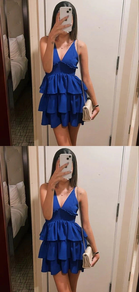 Sexy Blue A-line V-neck Mini Short Prom Homecoming Dresses Online,CM986