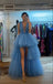 Sexy Dusty Blue V-neck High Low Strapless Long Party Prom Dresses,13106