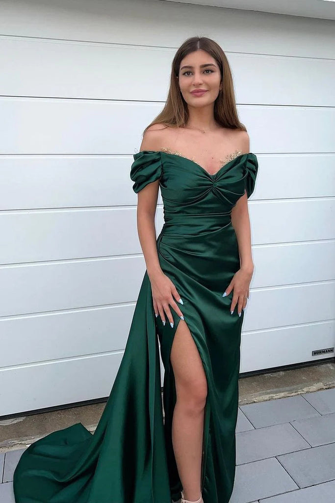 Sexy Green Mermaid Off Shoulder Side Slit Long Party Prom Dresses, Evening Dress,13152