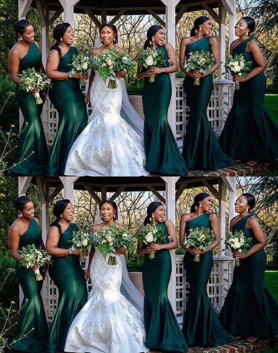 Sexy Green Mermaid One Shoulder Maxi Long Wedding Guest Bridesmaid Dresses,WG1556