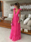 Sexy Hot Pink A-line V-neck Maxi Long Party Prom Dresses, Evening Dress,13207