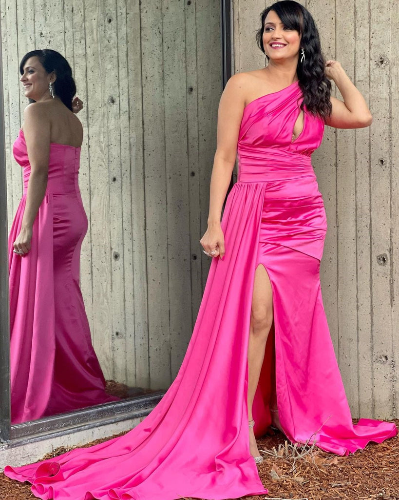 Sexy Hot Pink Mermaid One Shoulder Maxi Long Party Prom Dresses, Evening Dress,13244