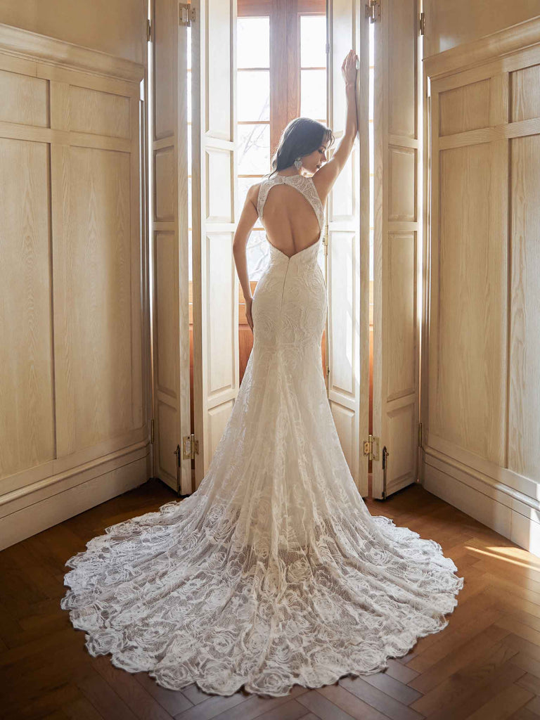 Sexy Mermaid Open Back Jewel Side Slit Handmade Lace Wedding Dresses,WD798