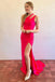 Sexy Red Mermaid One Shoulder Side Slit Maxi Long Party Prom Dresses, Evening Dress,13193