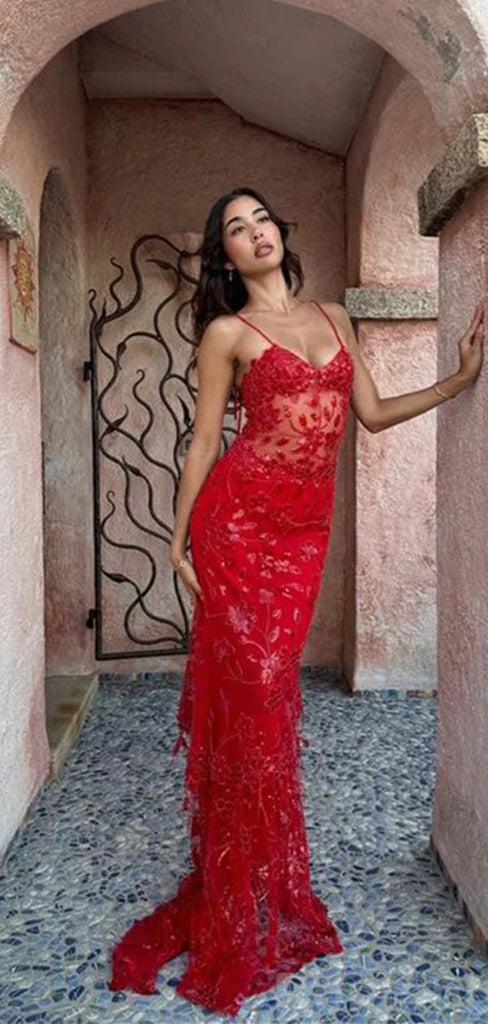 Sexy Red Mermaid Spaghetti Straps Maxi Long Party Prom Dresses,Evening Dress,13275