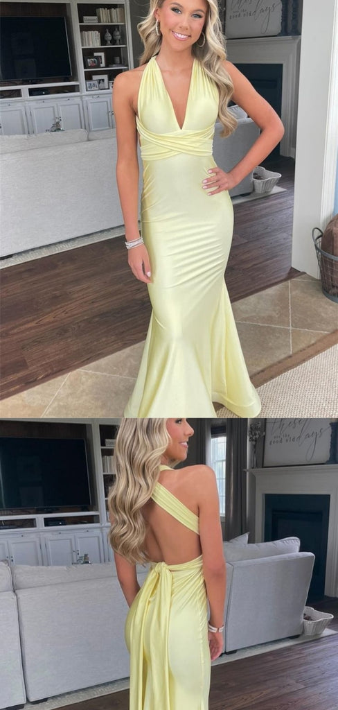 Sexy Yellow Mermaid Halter Long Party Prom Dresses To Impress,Evening Dress,13535