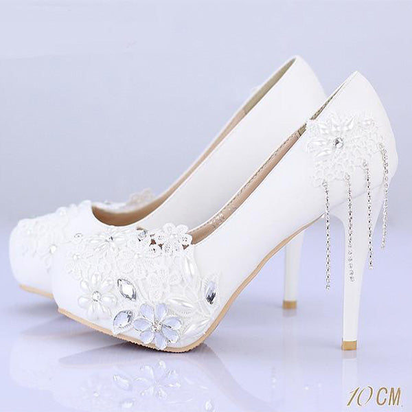 Lace Pearls Women Wedding Bridal Shoes With Pointed Toes, S019