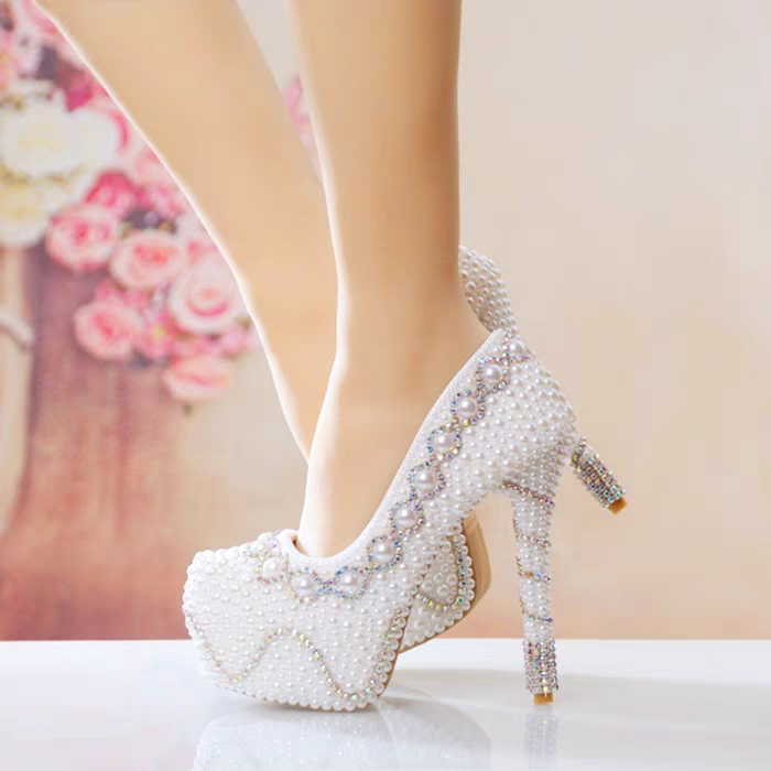 Women's Wedding Shoes Decorative White Pearl Wedding Heels Bridal Shoes, H87