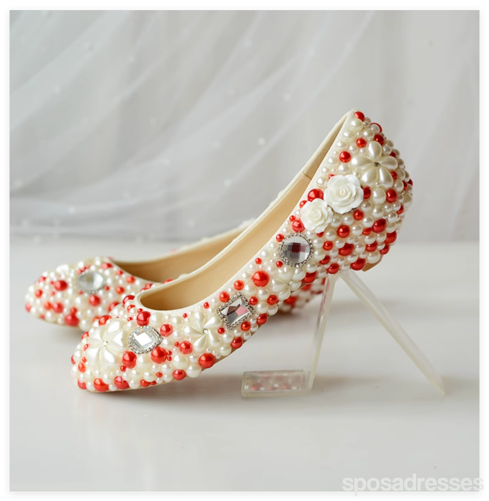 Women's Wedding Shoes Decorative Pearl Wedding Low Heels Bridal Shoes With Beading,H82