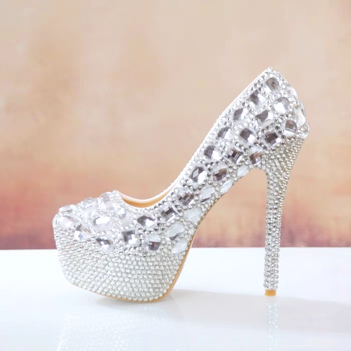 Women's Wedding Shoes Decorative Silver Wedding Heels Bridal Shoes With Beading, H86