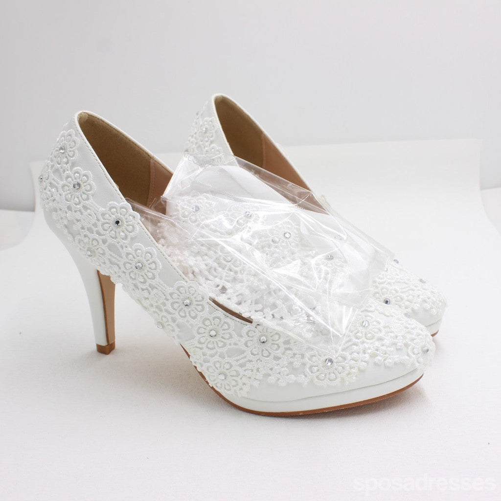 Women's Wedding Shoes Decorative White Lace Wedding Heels Bridal Shoes, H84