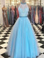 Blue Lace Halter  A-line Long Evening Prom Dresses, 17644