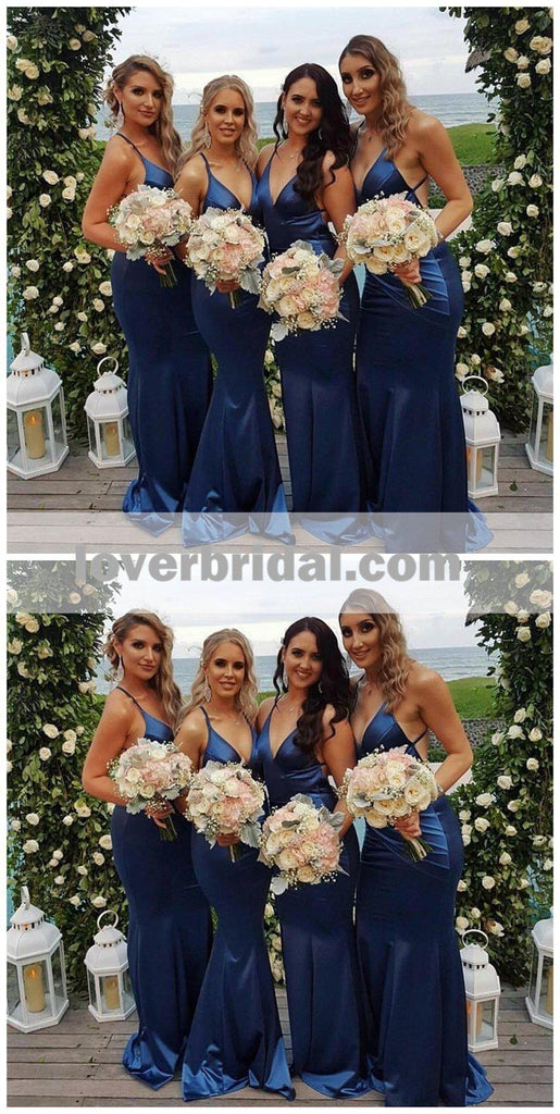 2018 Blue Mermaid V Neck Custom Long Bridesmaid Dresses, WG226