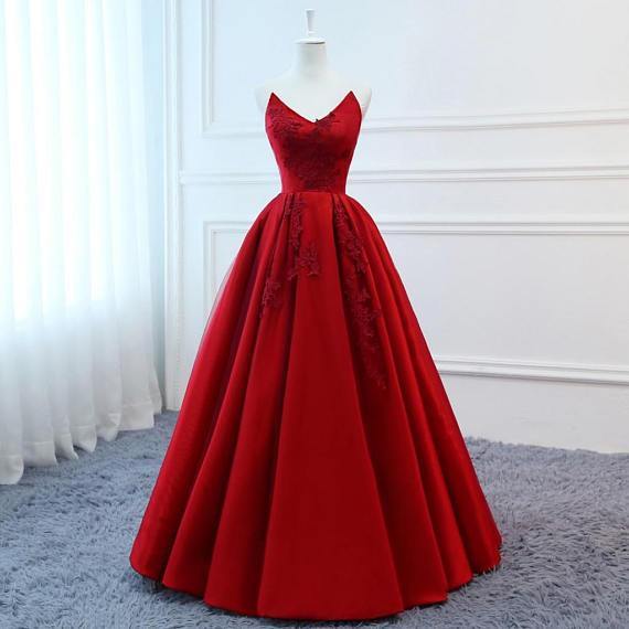 Red V Neck A-line Custom Long Evening Prom Dresses, 17717
