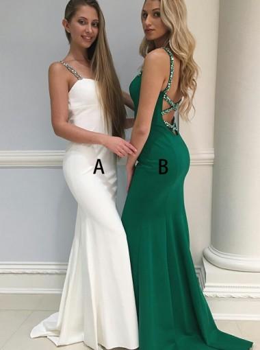 Backless Beaded Straps Emerald Green Mermaid Long Evening Prom Dresses, 17609