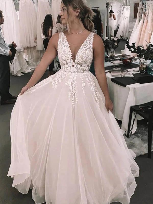 Backless V-Neck Lace A-line Cheap Wedding Dresses Online, Cheap Bridal Dresses, WD614