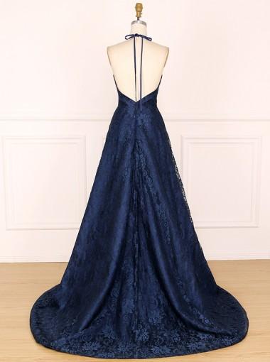 Blue A-line Halter V-neck Backless Long Party Prom Dresses,Cheap Prom Dresses,12357