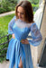 Blue A-line Long Sleeves High Slit Cheap Long Prom Dresses Online,12717
