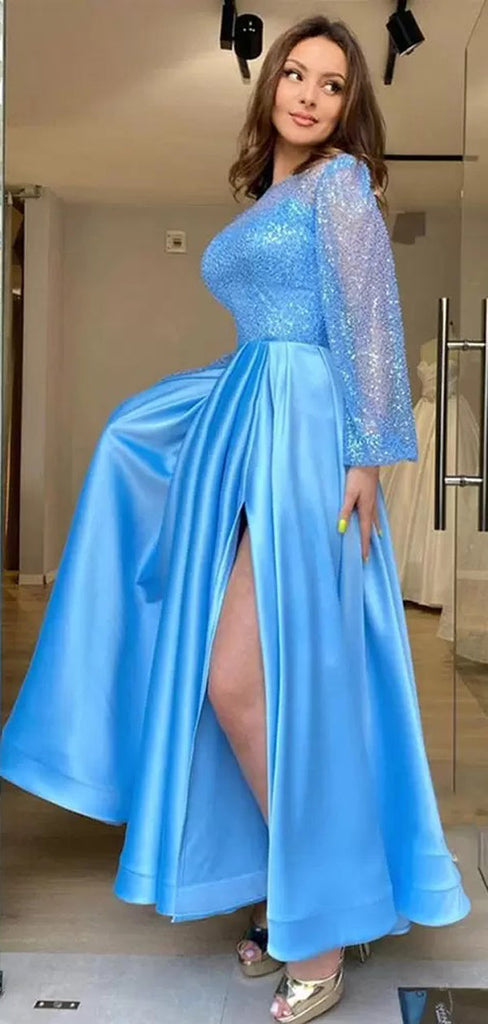 Blue A-line Long Sleeves High Slit Cheap Long Prom Dresses Online,12717