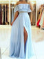 Blue A-line Off Shoulder Side Slit Cheap Long Prom Dresses Online,12459