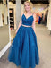 Blue A-line Spaghetti Straps V-neck Two Pieces Long Prom Dresses Online,12556