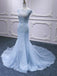 Blue Mermaid Cap Sleeves Beading Long Lace Applique Party Prom Dresses Online,12369