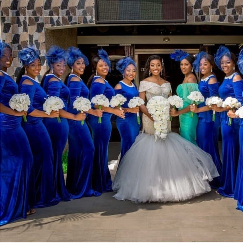 Blue Mermaid Jewel Half Sleeves Cheap Long Bridesmaid Dresses,WG1426