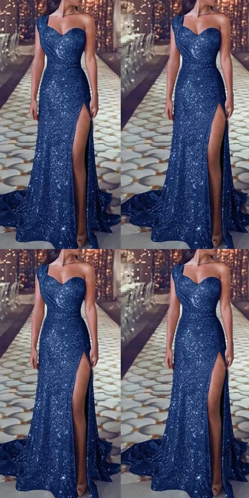 Blue Mermaid One Shoulder High Slit Cheap Long Prom Dresses,12779