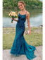 Teal Mermaid Spaghetti Straps Backless Cheap Long Prom Dresses,12659