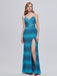 Blue Mermaid Spaghetti Straps Side Slit V-neck Cheap Prom Dresses,12796