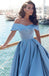 Blue Off Shoulder A line Simple Long Evening Prom Dresses, Popular Cheap Long Custom Party Prom Dresses, 17325