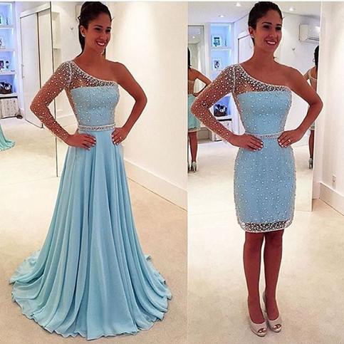 Blue See Through One Shoulder Long Sleeve Two Pieces Long Prom Dresses, WG295